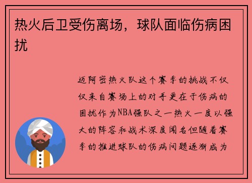 热火后卫受伤离场，球队面临伤病困扰