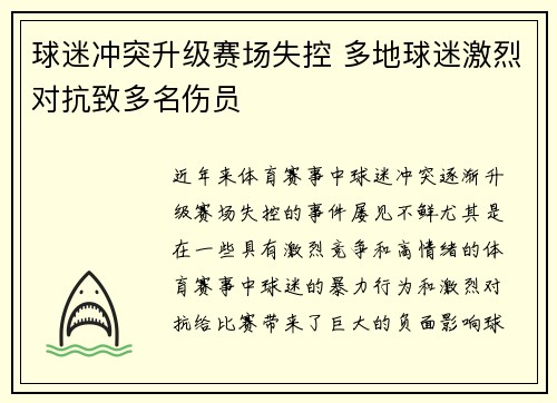 球迷冲突升级赛场失控 多地球迷激烈对抗致多名伤员