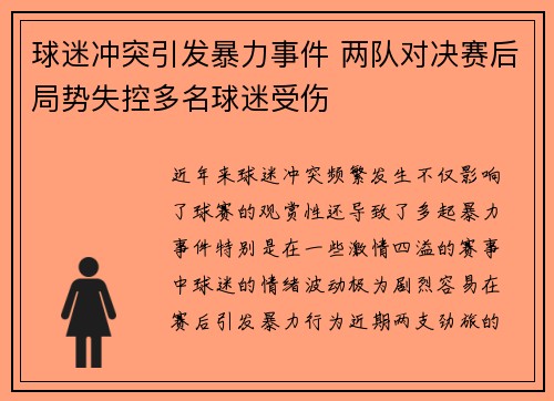 球迷冲突引发暴力事件 两队对决赛后局势失控多名球迷受伤