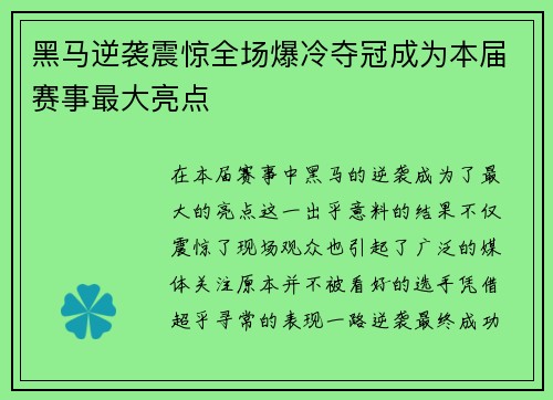 黑马逆袭震惊全场爆冷夺冠成为本届赛事最大亮点